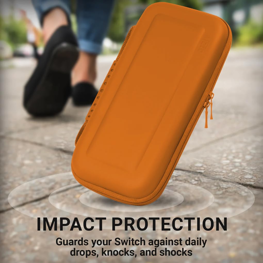 Orzly Custodia da trasporto compatibile con Nintendo Switch e New Switch Console OLED - arancia Custodia protettiva da viaggio portatile rigida Custodia a conchiglia con tasche per accessori e giochi
