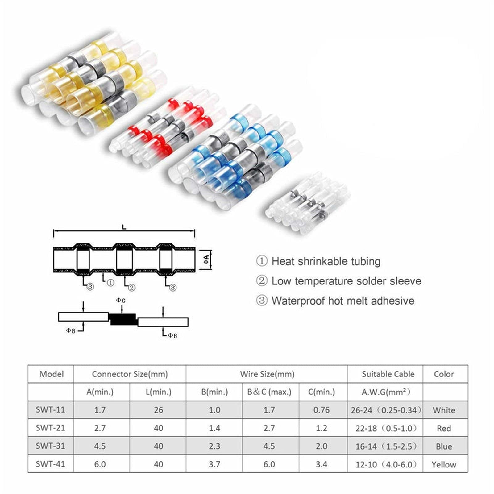 Terminale del filo 200pcs Impermeabile Guarnizione per saldatura Manicotti termoretraibili Terminali a catena elettrica Terminali a base di protezione dei connettori di giunzione Assortimento .Isolame