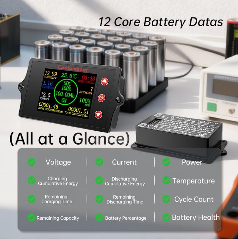 Image of RQG New 500A Battery Monitor with Shunt,8-100V 2 Inch Color Screen Shunt Monitor,High Precision TFT Color Screen Coulometer for Car RV Golf Cart Solar Panel