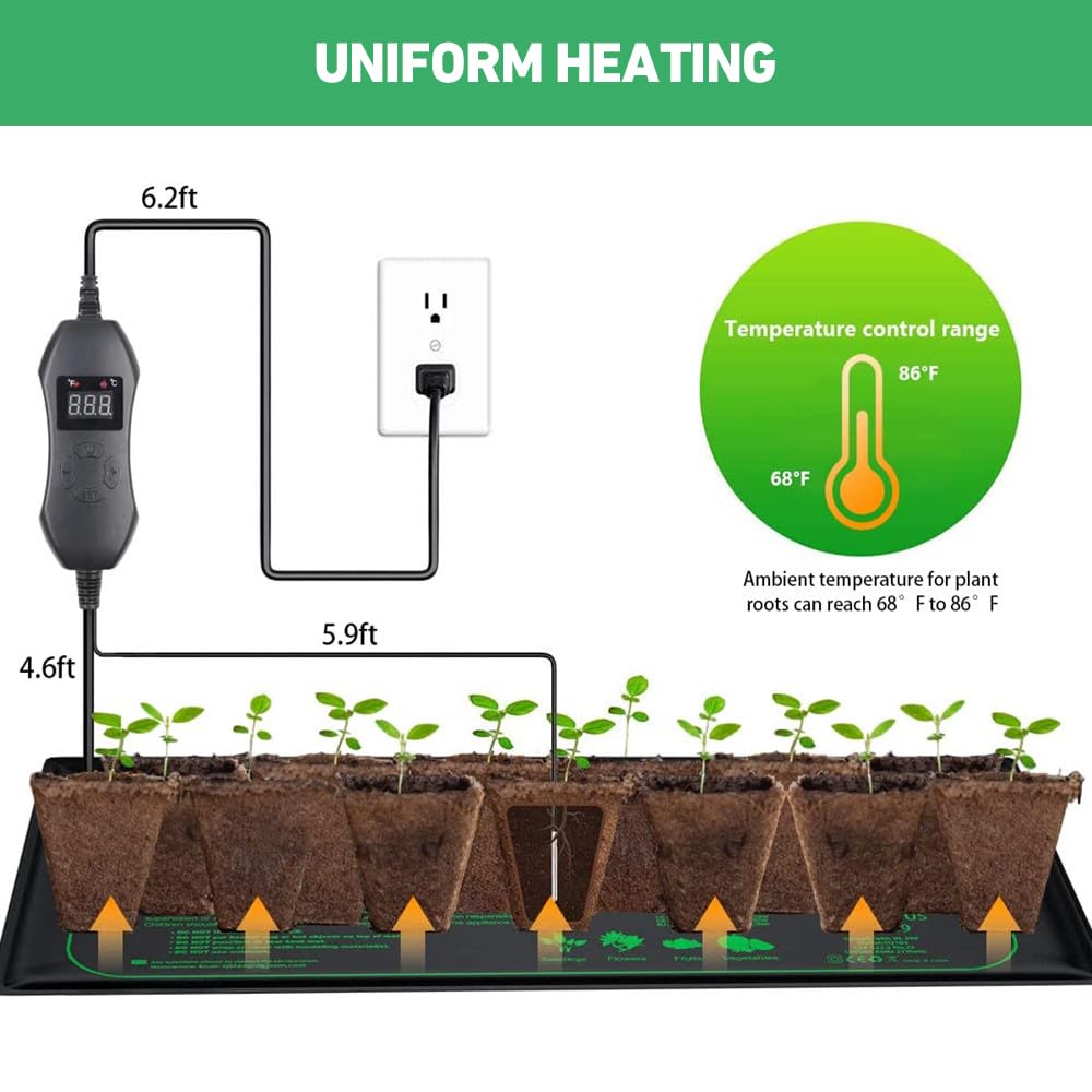 Estera Calefactora para Plantas, 50W Alfombrilla de Calor para Plantas con Controlador de Termostato, Alfombrilla térmica Duradera para Plántulas, Mascotas y Reptiles Negro 20.75X10 Inch