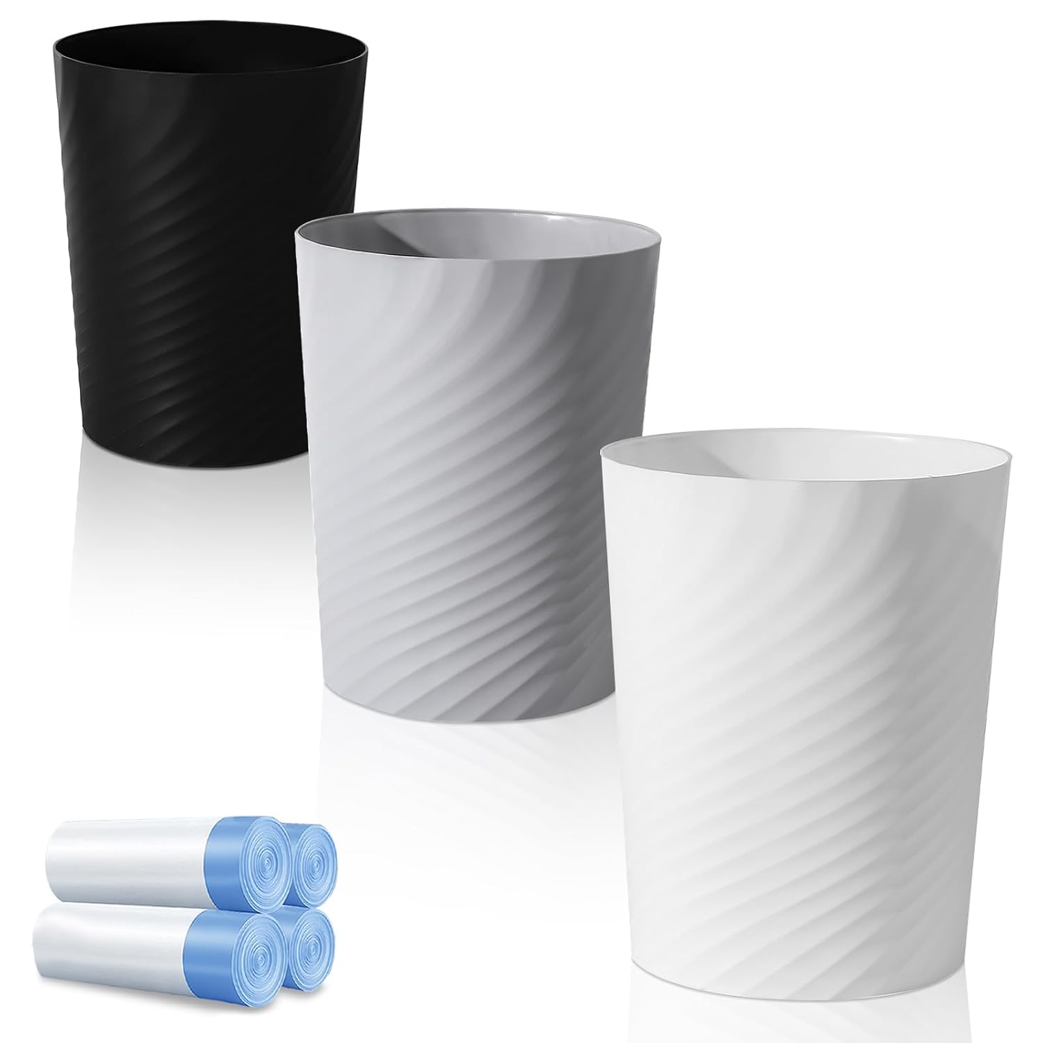 UUJOLY Bathroom Small Trash Can with Trash Bag Plastic Garbage Can Round Waste Basket for Bathrooms, Laundry Room, Kitchens, Offices, Kids Rooms, Dorms, 1.8 Gallons, 3 Pack (White)