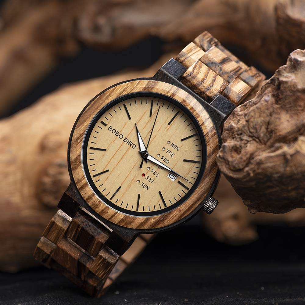 BOBO BIRD Reloj analógico de madera para hombre, de cuarzo, con visualización semanal, ligero, hecho a mano, reloj de pulsera para hombre