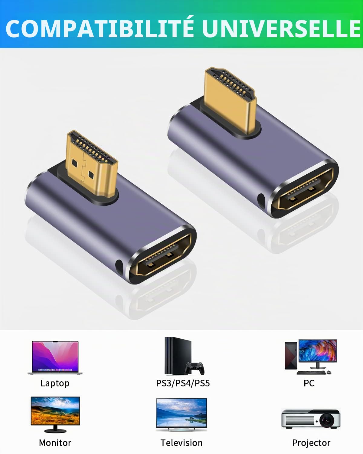 Duttek 8K 90 degrés HDMI coudé Adaptateur,48Gbps Adaptateur HDMI à Angle Gauche et Droit mâle vers Femelle d'extension UHD 2.1 avec 8K@60Hz,pour téléviseurs HDT,PC,Ordinateur Portable (2 emballages)