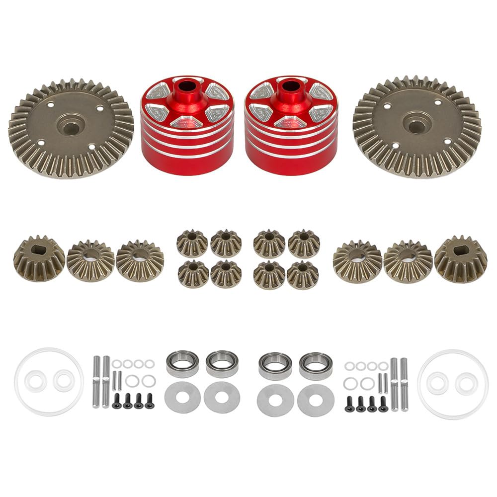 Metal Differential Case and Gear Set Universal for Both Front and Back for Tamiya XV-02/TT-02/MB-01/XM-01/BT-01 1/10 RC Car Upgrade Parts Accessories (2 Sets of Gears +red casing)