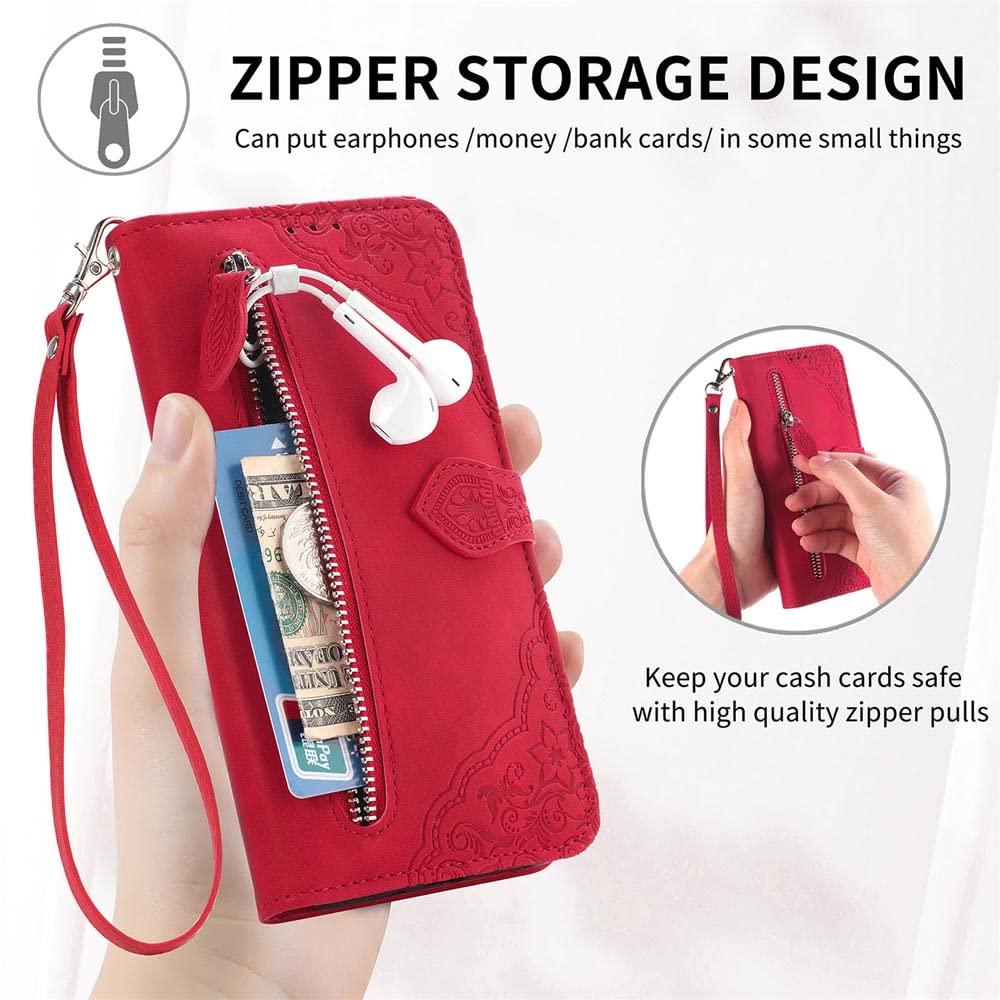 Funda Multifunción Ranuras Tarjetas RFID Funda Cartera MOJIA Para Motorola Edge 50 Fusion - Cuero Premium Con Bandolera, Color Rojo Accesorio Multifunción