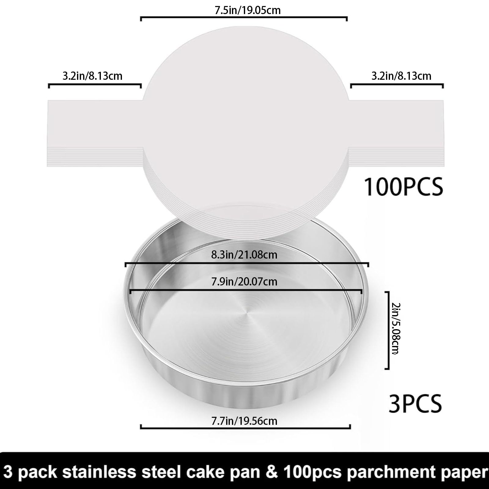 Lot de 3 moules à gâteau en acier inoxydable de 20,3 cm - Qualité commerciale - Avec 100 feuilles de parchemin prédécoupées pour un démoulage facile - Moule à pâtisserie antirouille pratique