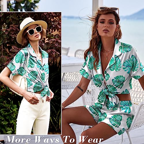 Image of Ekouaer Womens Pajama Sets 2 Piece Satin Silk Pjs Button Up Notch Collar Nightwear Short Sleepwear Set,Floral Green Leaves,Medium