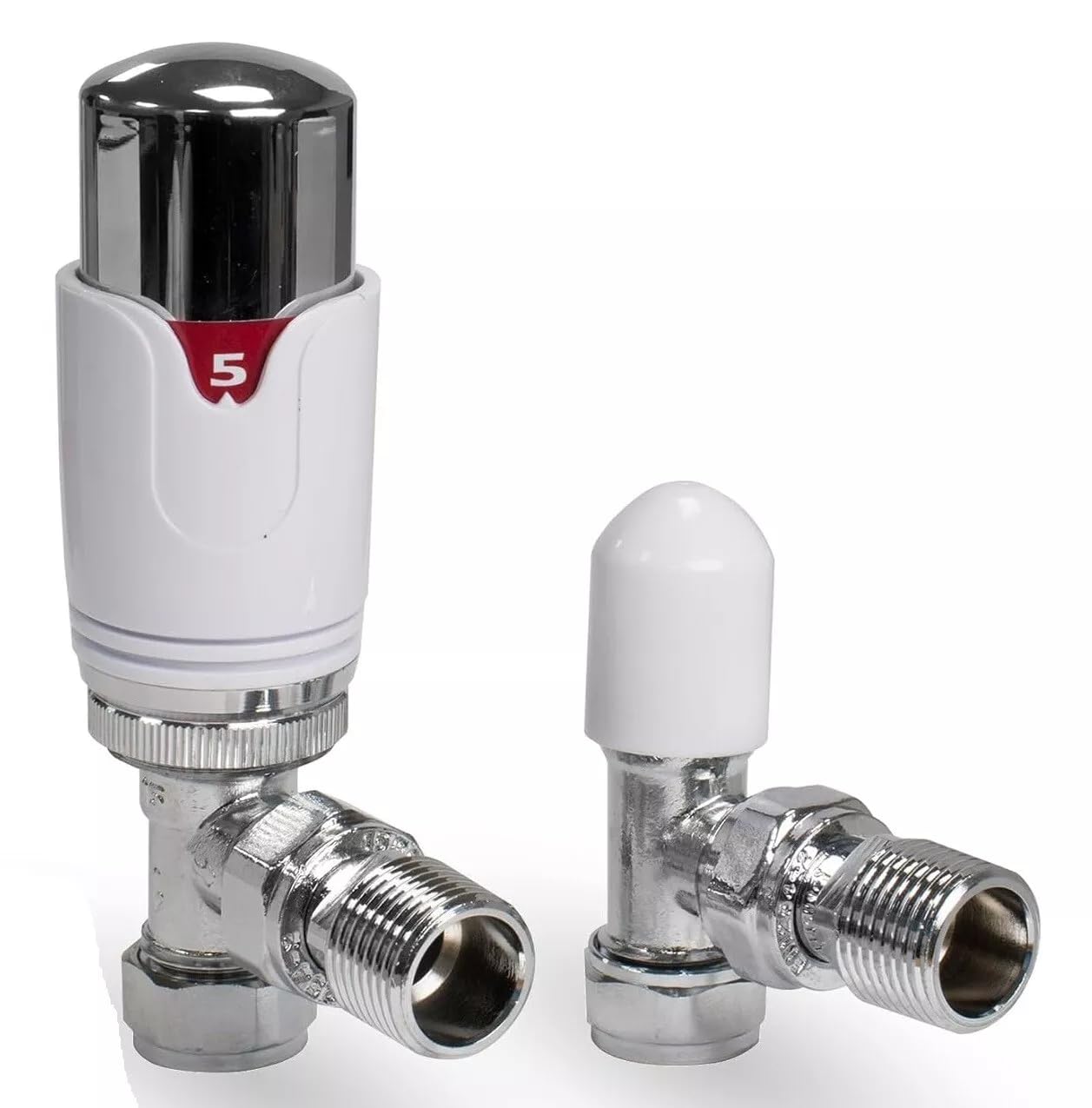 22.5 Team Controls Chrome/White Tc Angled Thermostatic Radiator Valve Trv & Lockshield 15Mm X 1/2" Drayton Trv4 Style Angle Pack Em