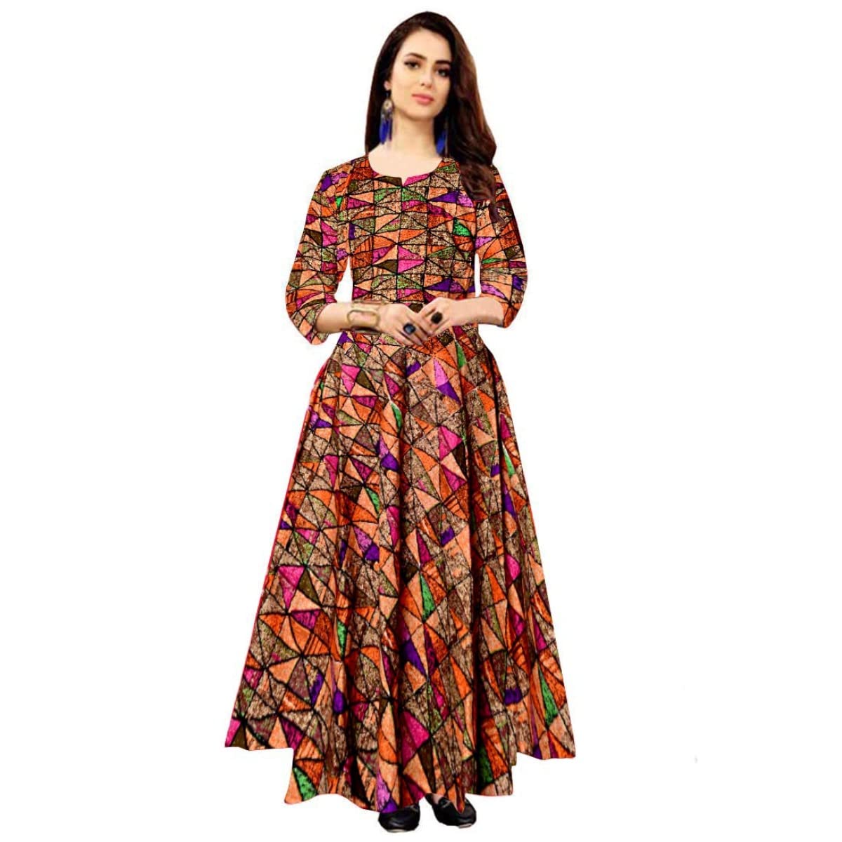 trendy fab Women's Full Sleeves Fit And Flare Rayon Printed Long Gown (Free Size Upto 2XL),Multi-picture-22