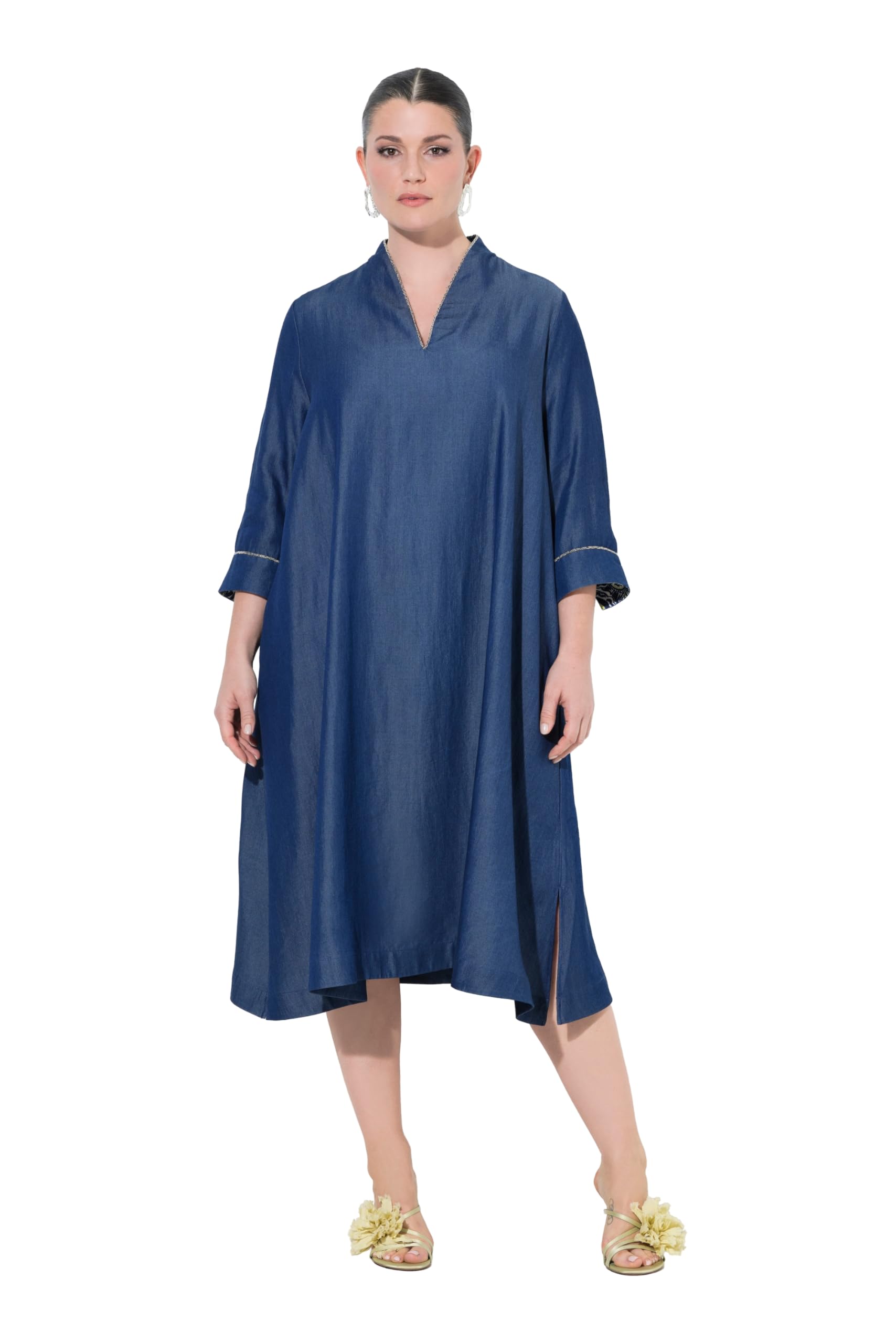 Ulla Popken Damen große Größen Übergrößen Plus Size Lyocell-Kleid, Jeansoptik, Kelchkragen, 3/4-Arm, Taschen 847249