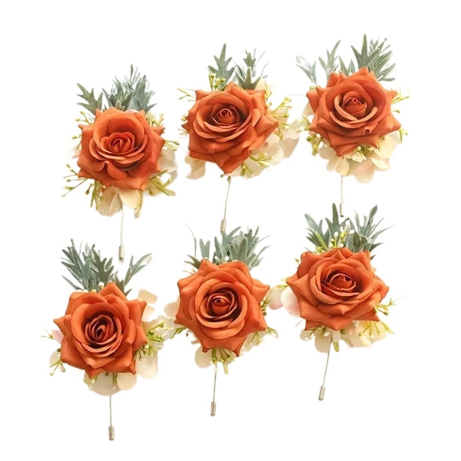 WTAXBH Corsages for Weddings 6Pcs Deep Orange Rose Wedding Wrist Corsage And Boutonniere Accessories For Bride Bridesmaid Men Groom(6Pcs Boutonnieres)