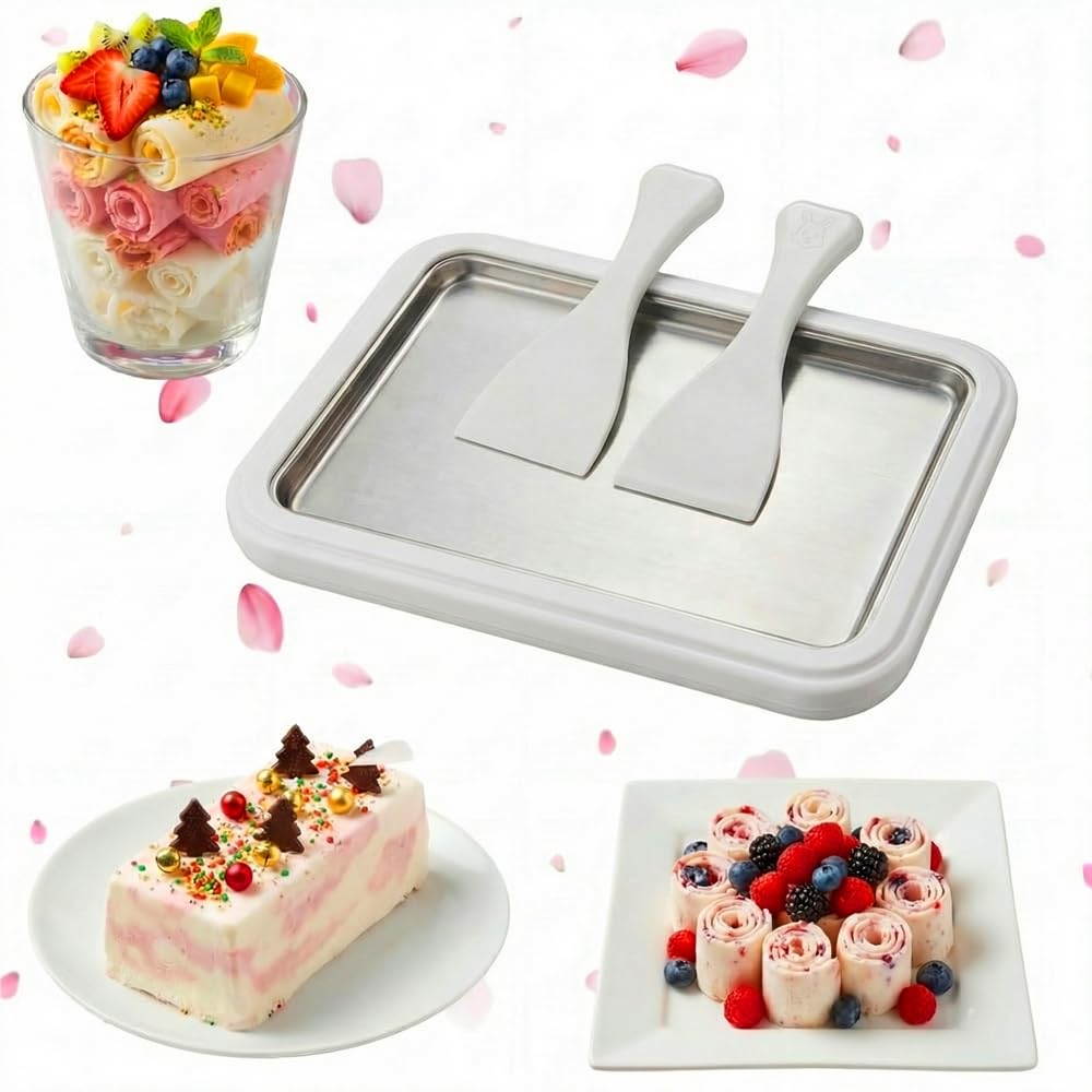 2026 （XL）Large Upgraded Rolled Ice Cream Maker Kit – Food-Grade Stainless Steel Tray with 2 Scrapers, Portable DIY Ice Cream Maker for Home, Family & Parties-green (10.2" × 8.3") (white)