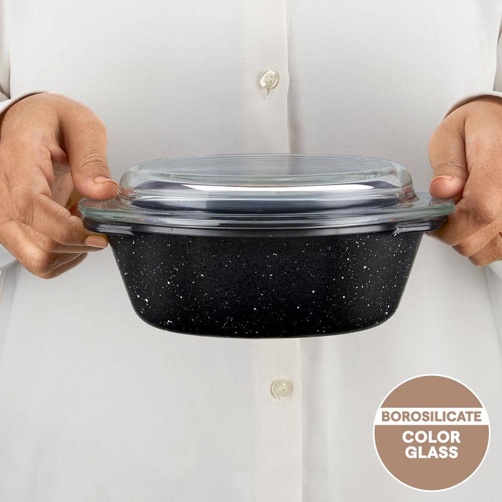 Borosil 700ml Pebble Black Round Deep Casserole with Lid | Borosilicate Glass Bakeware & Serveware Bowl with Flat Lid | Microwave, Dishawasher & Oven Safe Multipurpose Bowl for Mixing Dough, Salad, Batter 2
