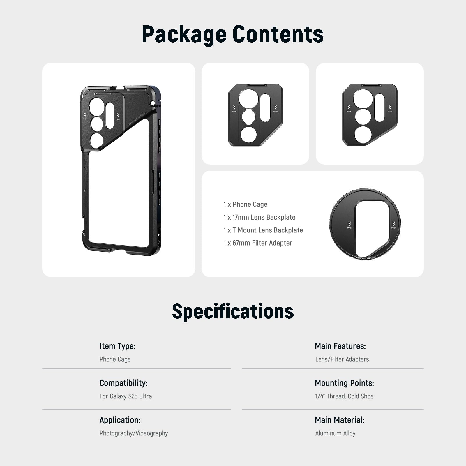 Neewer S25 Ultra klatka na telefon, mobilny stabilizator do telefonu z adapterem filtra 67 mm, tylna płyta obiektywu 17 mm, adapter obiektywu z mocowaniem T, kompatybilny z obiektywami Samsung Galaxy