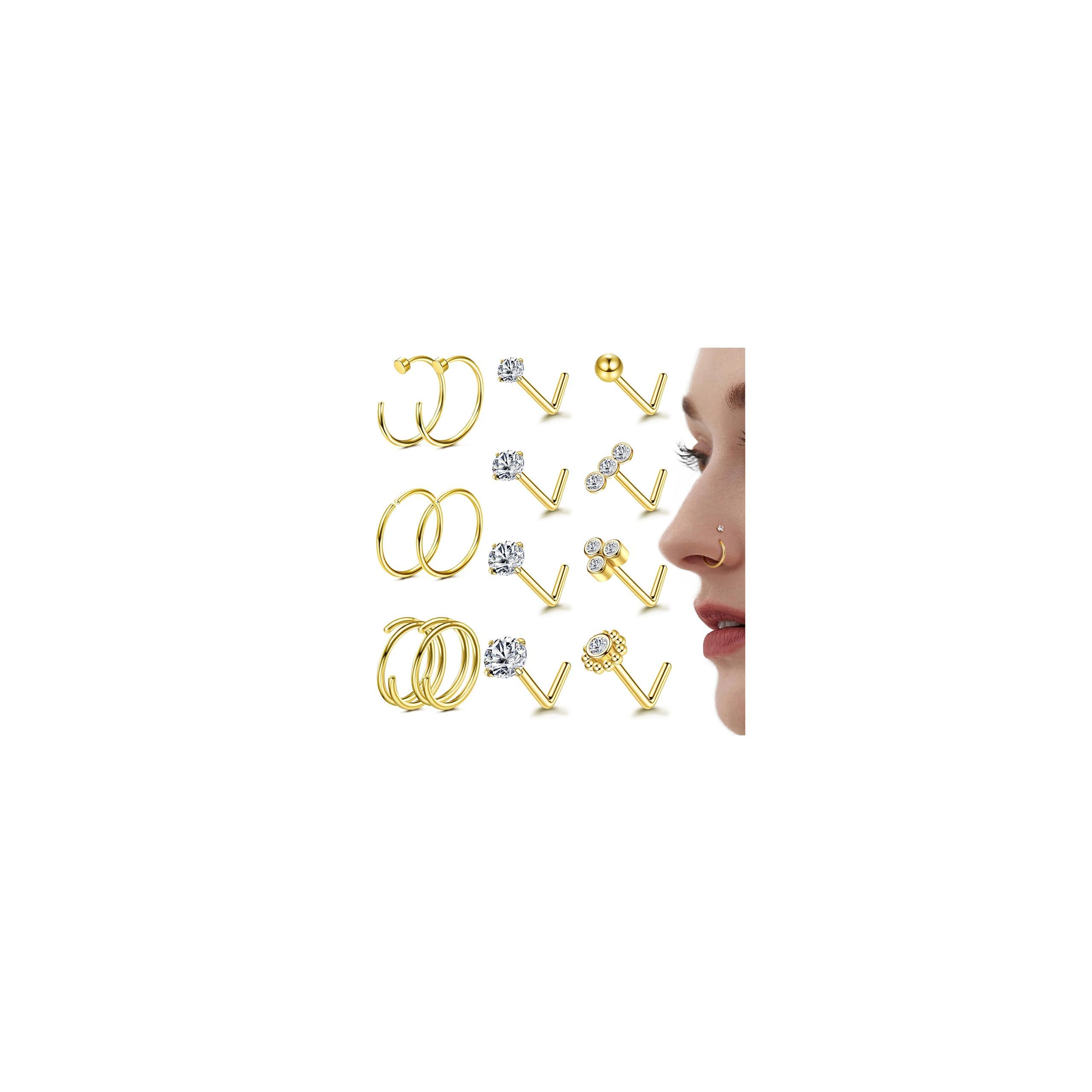 Adramata 14K Oro Anillos Nariz Acero Quirurgico Anillos de Nariz Forma de L Nariz Studs 20G CZ Corazón Piercing Nostril para Mujeres Hombres, Hipoalergénico Nariz Piercing Joyas (14 Piezas)