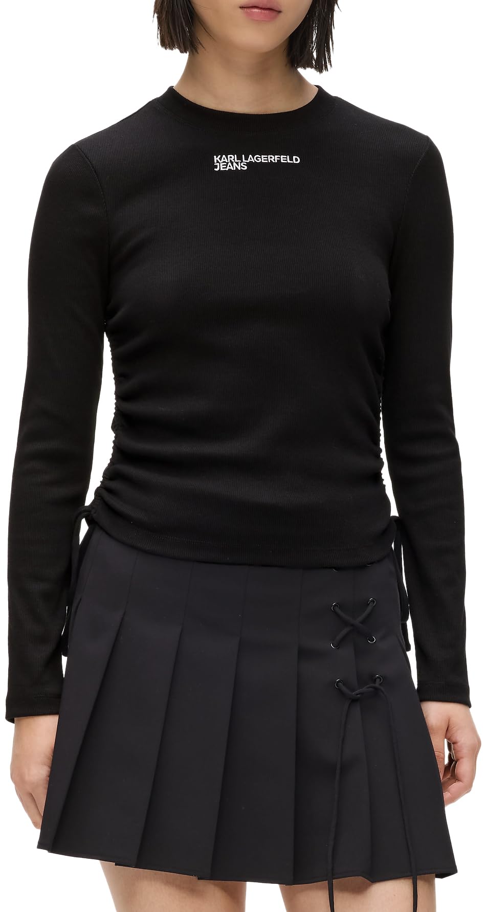 Karl Lagerfeld Jeans Women Ruched Ribbed Top Black M