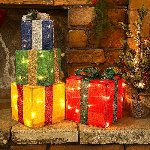 Ljlnion BOX-SSB4 Set Of 4 Christmas Lighted Gift Boxes Decorations, Pre-Lit Tinsel Present Box With Bowknot(Red Green Yellow Blue), Light Up Xmas Tree Skirt Ornament, Indoor Outdoor Plug In For Home Holiday Party thumb #4