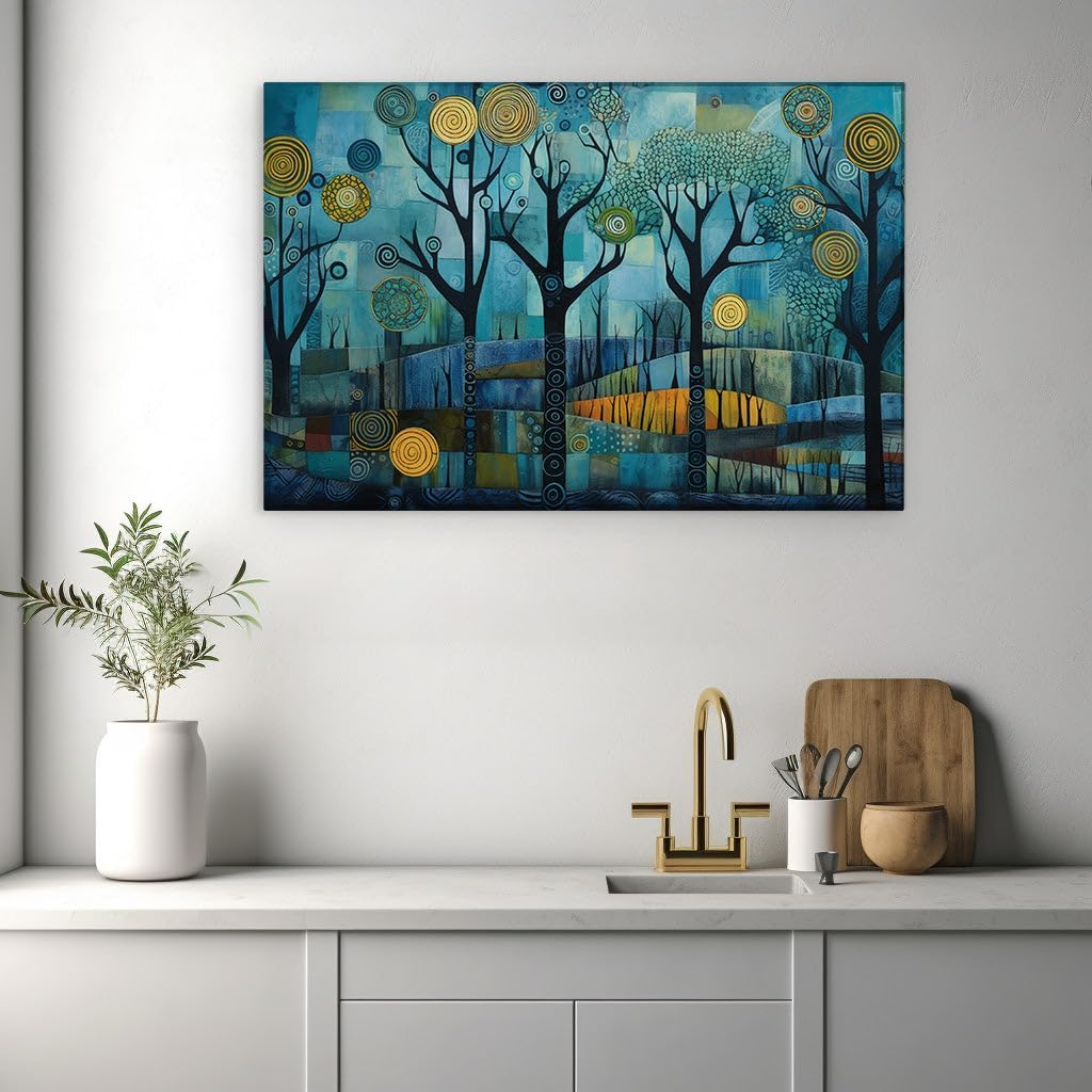 Canvas for Living Room. Mystical Patchwork Nightscape: A Dreamy Forest in Abstract Squares, 27 x 18 inch Canvas Wall Art - Contemporary Masterpieces - Modern Home Decor
