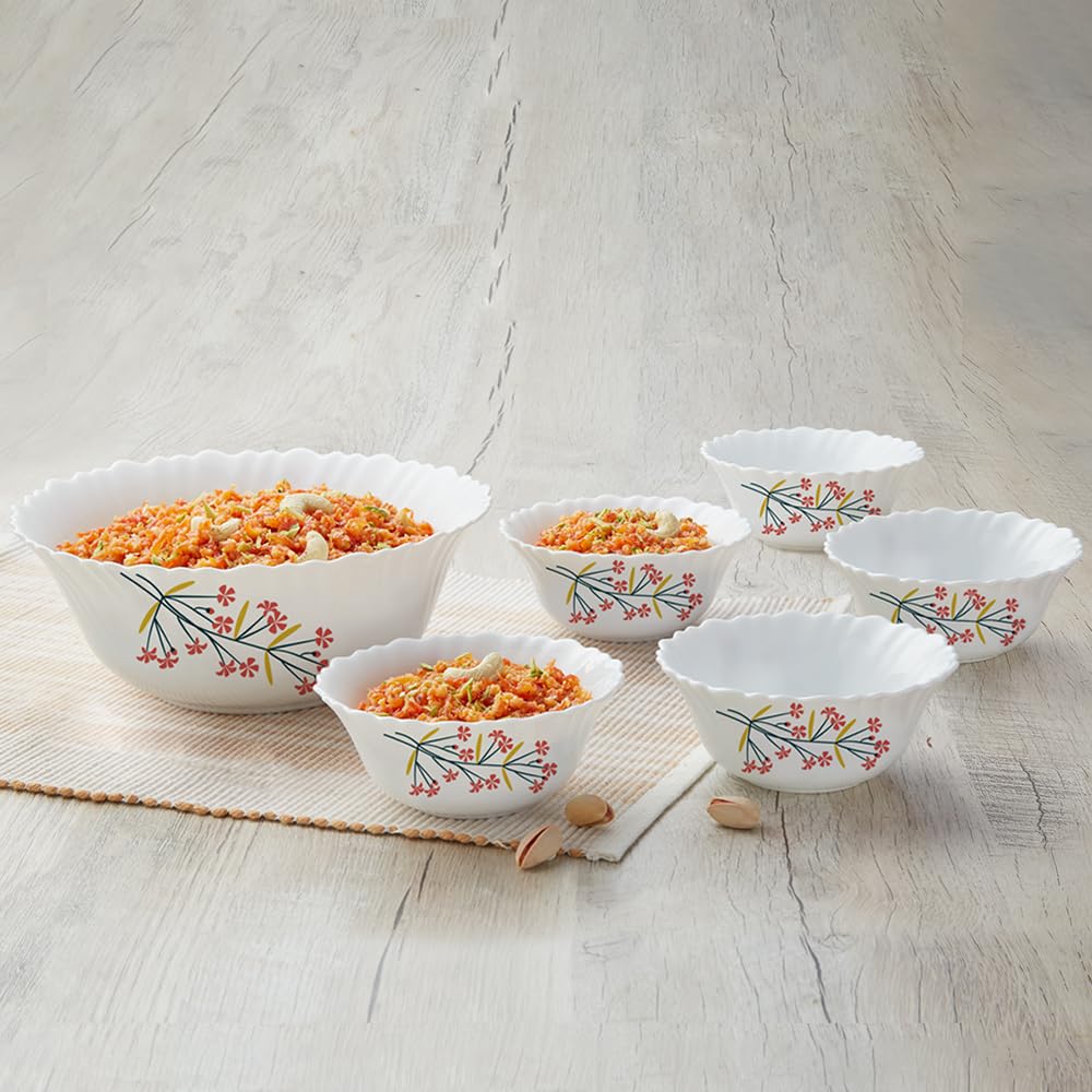 Larah by Borosil Red Bud Silk Series Opalware 7 Pcs Mini Pudding Set | Microwave & Dishwasher Safe | Bone-Ash Free | Crockery Set for Dining & Gifting | Bowls Set | Floral (B0C8B7W7XL) Amazon Price History, Amazon Price Tracker