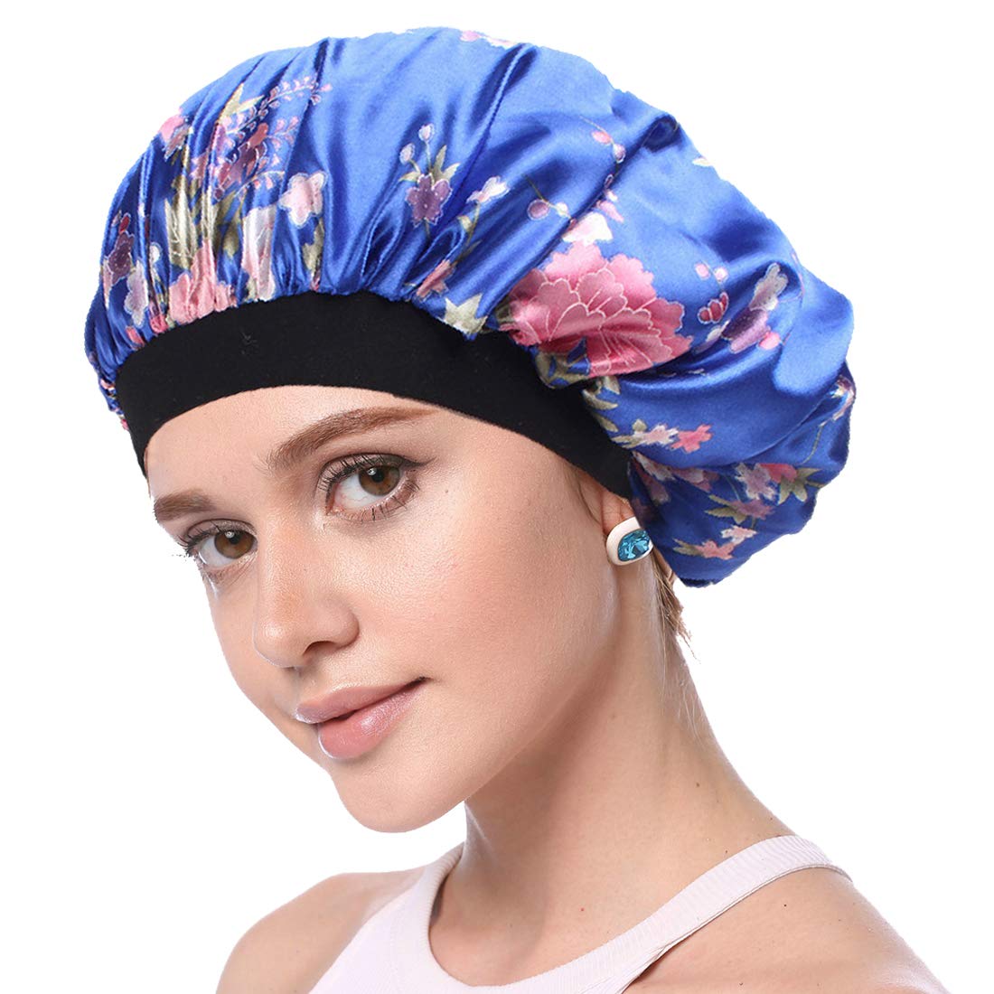 Simoda Satin Floral Night Cap for Curly Hair Elastic Band Hair Care Sleeping Bonnet