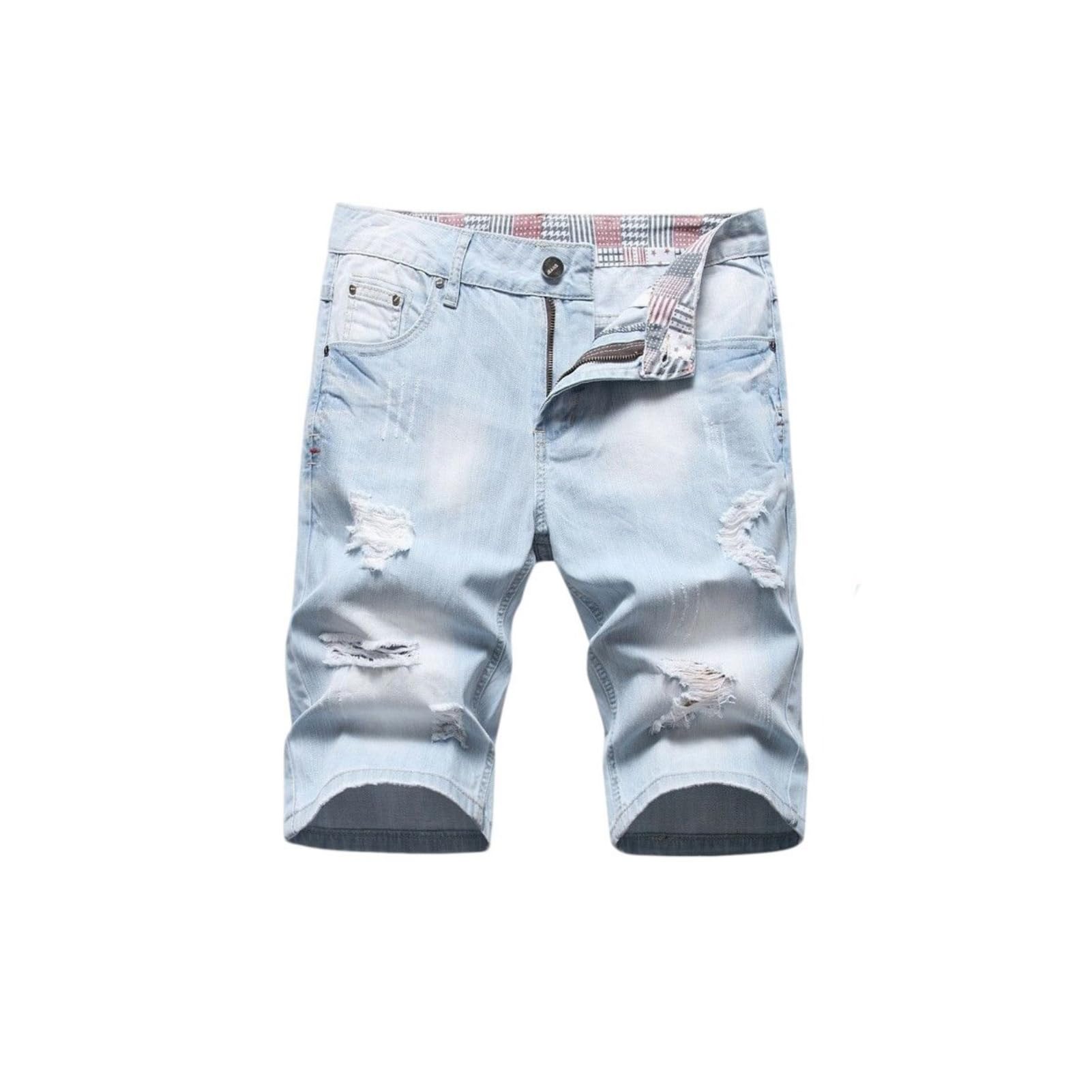 Pantalones cortos de mezclilla ligeros para hombre, ajuste recto, no elásticos, hasta la rodilla, pantalones cortos casuales