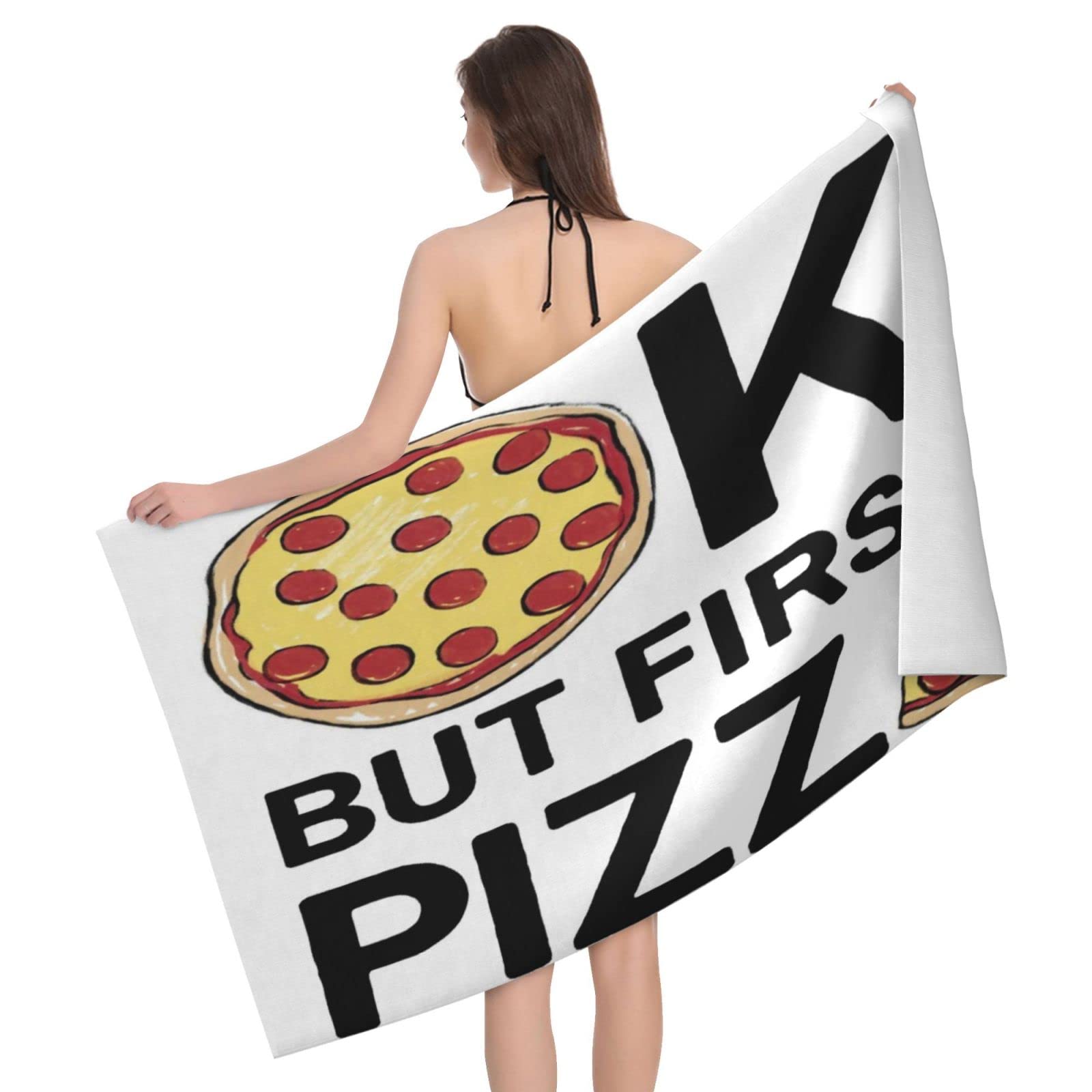 Lawenp Ok But First Pizza Beach Towel, Lightweight Sand Free Quick Dry Microfiber Absorbent Bath Towel for Kids, Adults, Swimming, Bath, Yoga, Pool, Travel, Camping 32"X52"