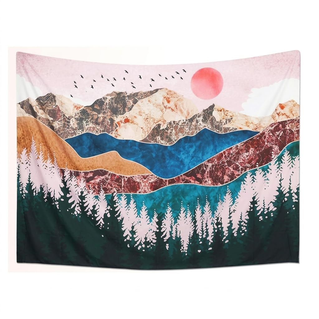 HASTHIP Polyester Sunset Forest Tree Mountain Tapestry Wall Hanging Psychedelic Nature Landscape Wall Art Tapestrys Bed Cover Wall Hanging for Bedroom (51X59inches)