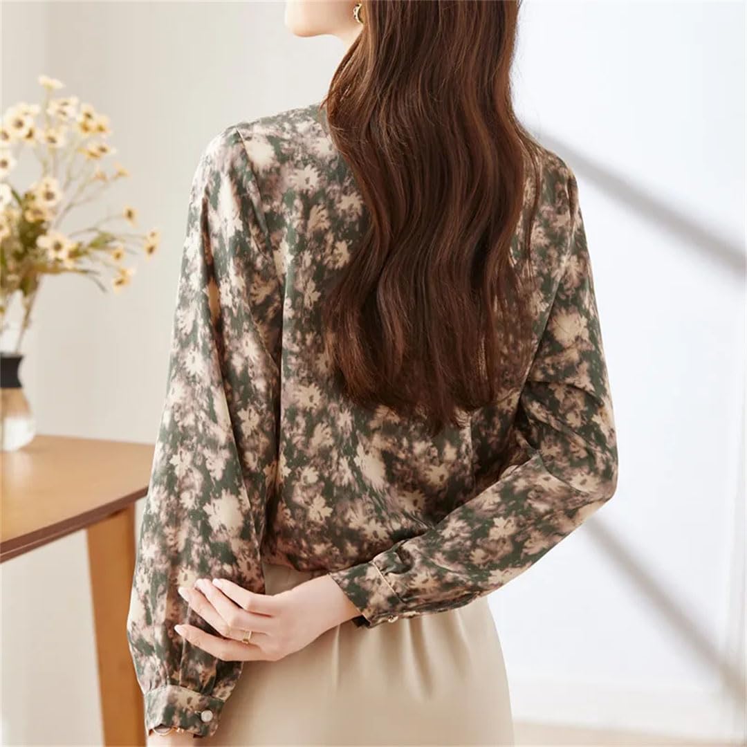Elegante blusa de gasa estampada de manga larga para mujer, cuello redondo, con cordones