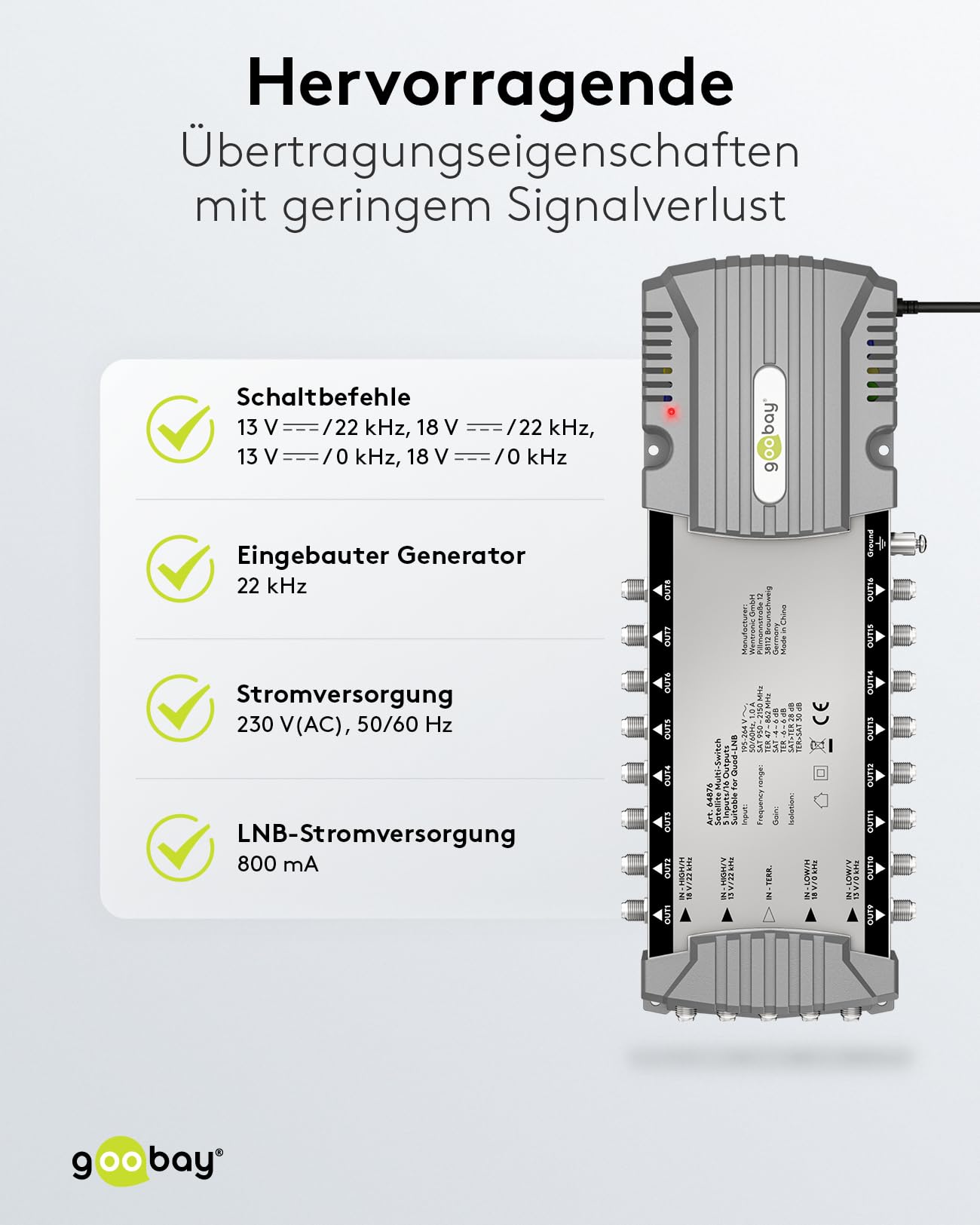 goobay 64876 Multiconmutador satélite/Multiconmutador Compacto / 5 entradas / 16 Salidas / 4K, 8K UHD/Dab+ / para 168 participantes