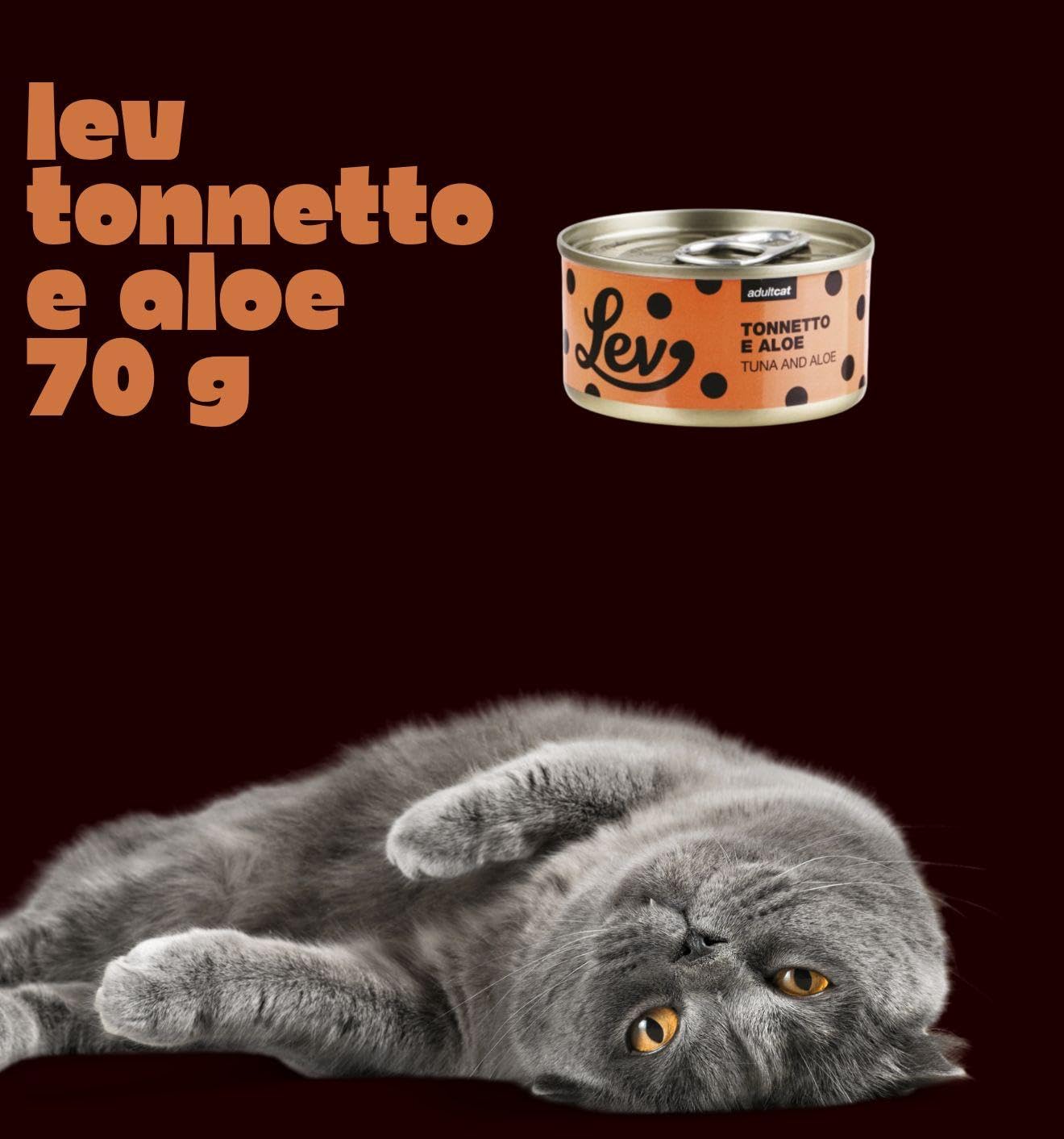 Lev - Desfilador húmedo para gatos adultos de atún y aloe, alimento complementario para gatos adultos de todas las tallas y razas, sabor atún y aloe, 12 latas de 70 gramos cada una.