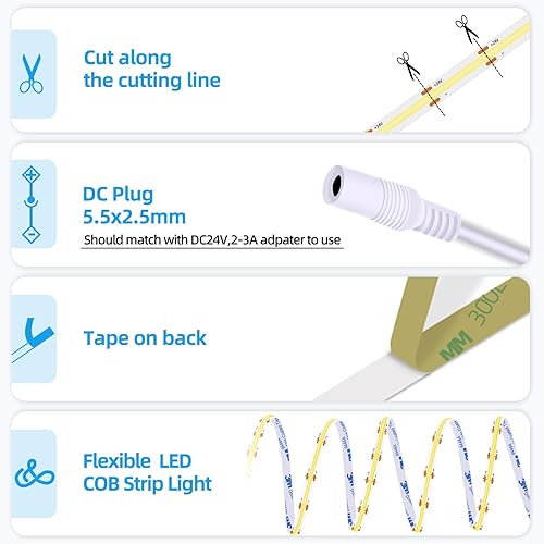Miniatura 6 de Tira de luces LED de 24 V COB LED cálida 3000 K tira LED súper brillante 16.4 pies 5M sin puntos de alta densidad cortable flexible para el hogar