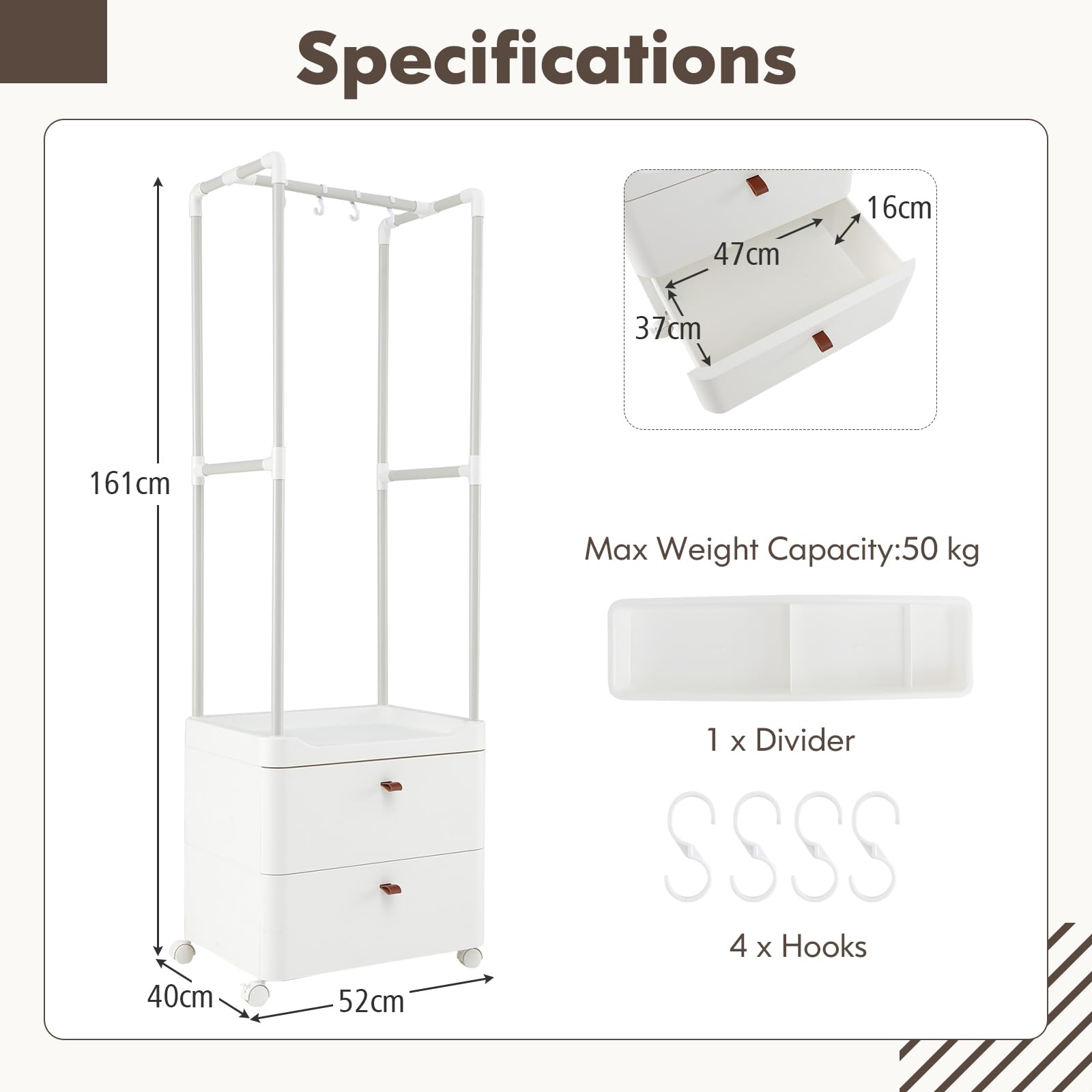 Giantex Kleiderständer mit Rollen, Kleiderständer aus robustem Metall mit Aufbewahrungsregal, 2 Schubladen, 4 Haken, freistehender mobiler Kleiderschrank, 161 cm, für Schlafzimmer, Eingangsbereich,
