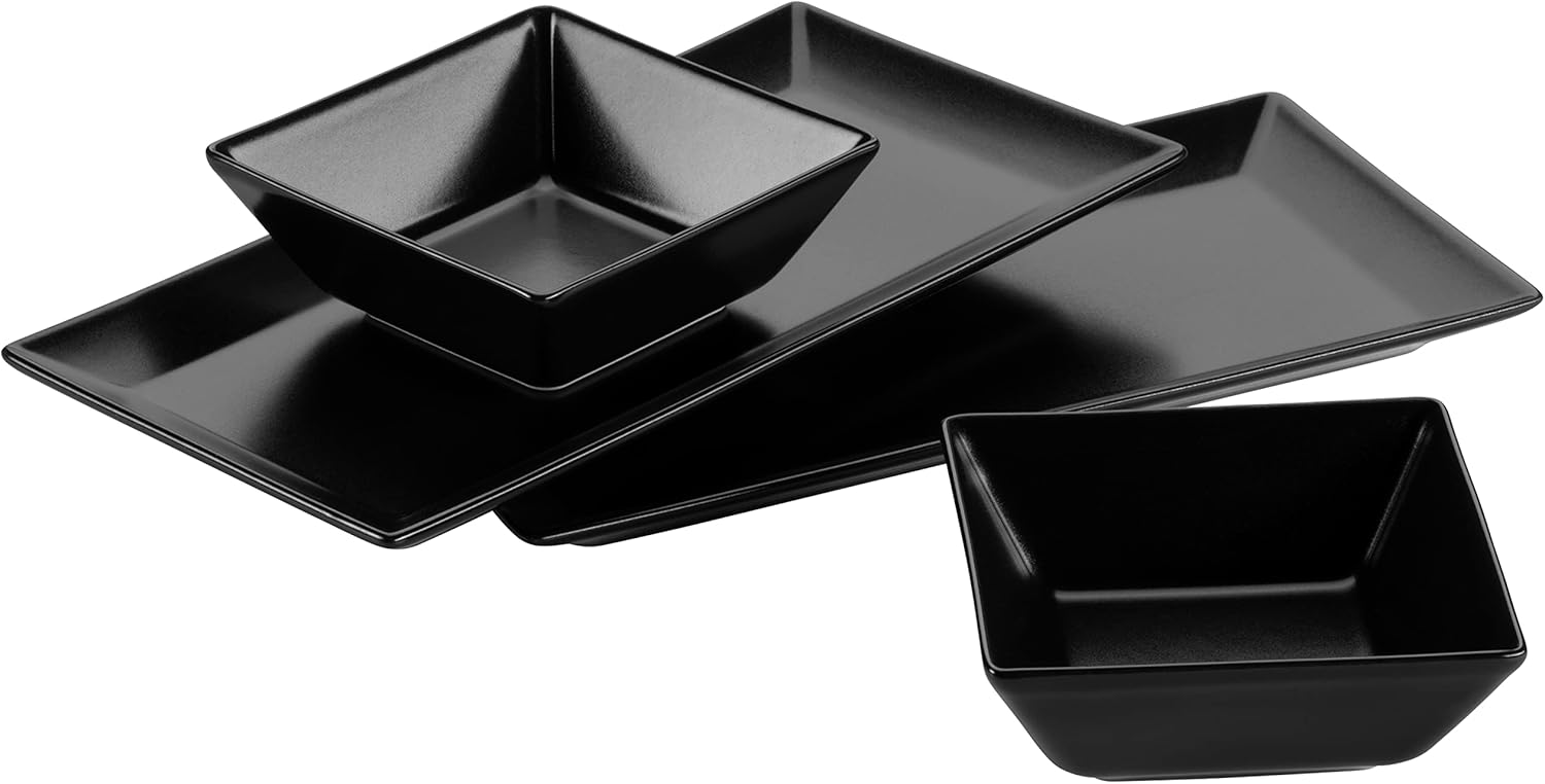 MÄSER 931364 Rectangular Plates and 2 Square Bowls in Black, Porcelain Crockery Set for 2 People