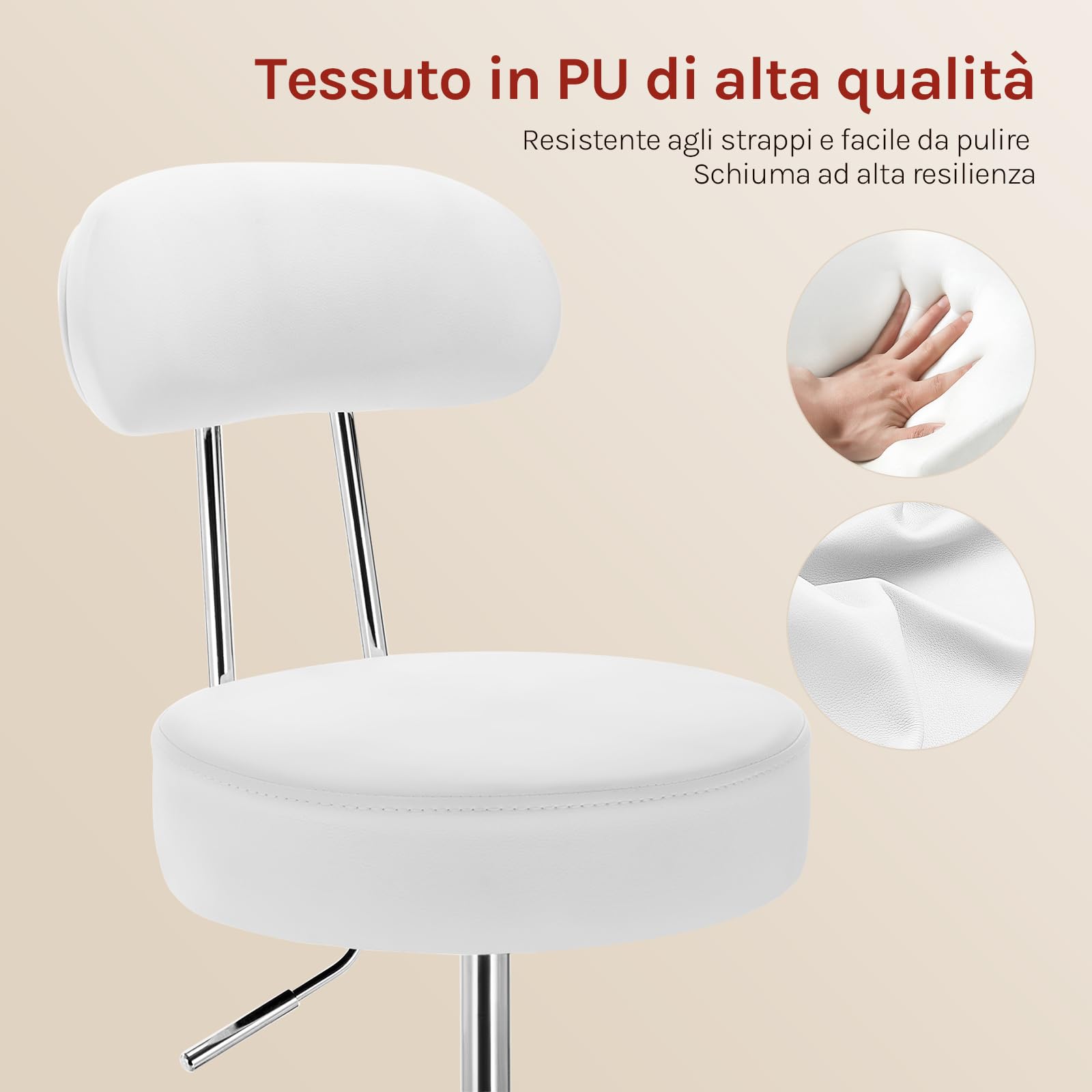 WOLTU Sedie Ufficio Sedia da Scrivania Sgabello con Schienale 47-59cm PU Cromato Girevole Moderno, per Ufficio, Salone, Massaggio, Toeletta Trucco, Bianco