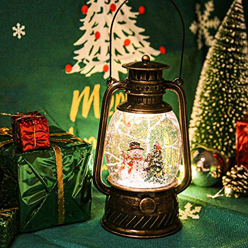 Melunar Christmas Snow Globe Lantern with Swirling Glitter and Battery & USB Powered Light 6H Timer for Christmas Home Decoration and Gift (Christmas Tree and Snowman)
