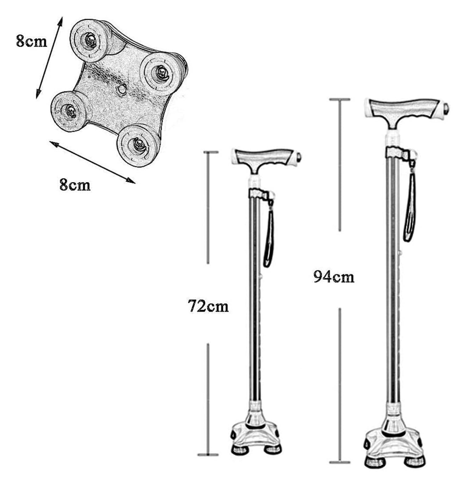 Bastón, Bastón LED Altura Regulable 72 a 94cm 10 Posiciones Base 4 Patas Aluminio Multicolor(Bronze)