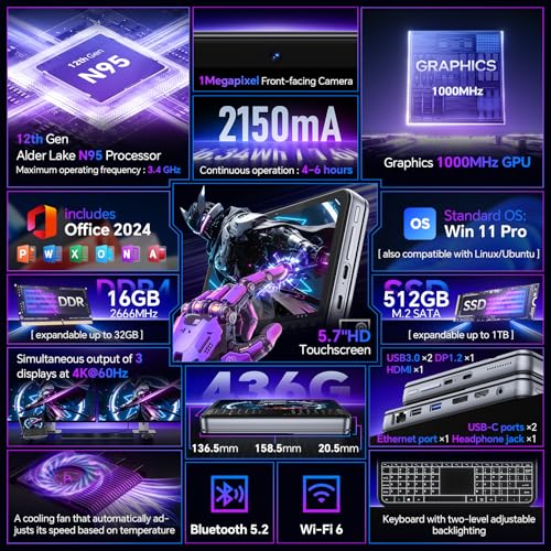 Image of Mini PC 5.7 inch Touchscreen Handheld Computer, N95 up to 3.4GHz, 16GB RAM 512GB SSD, Win 11, Backlit Keyboard, WiFi6 BT5.2, Dual Type-C, HDMI 2.1 DP, Small Portable PC