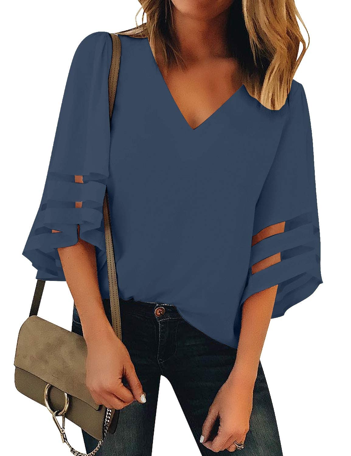 Women's V Neck Mesh Panel Blouse 3/4 Bell Sleeve Loose Top Shirt