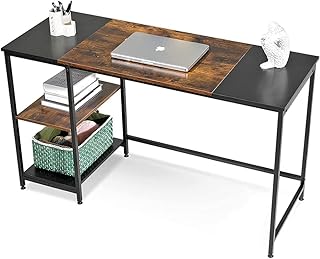 Homesbrand Computer Desk, Home Office Desk with Storage Shelves, Study Writing Table, Desks & Workstation for Home Working, Wood and Metal, 140x50x75cm