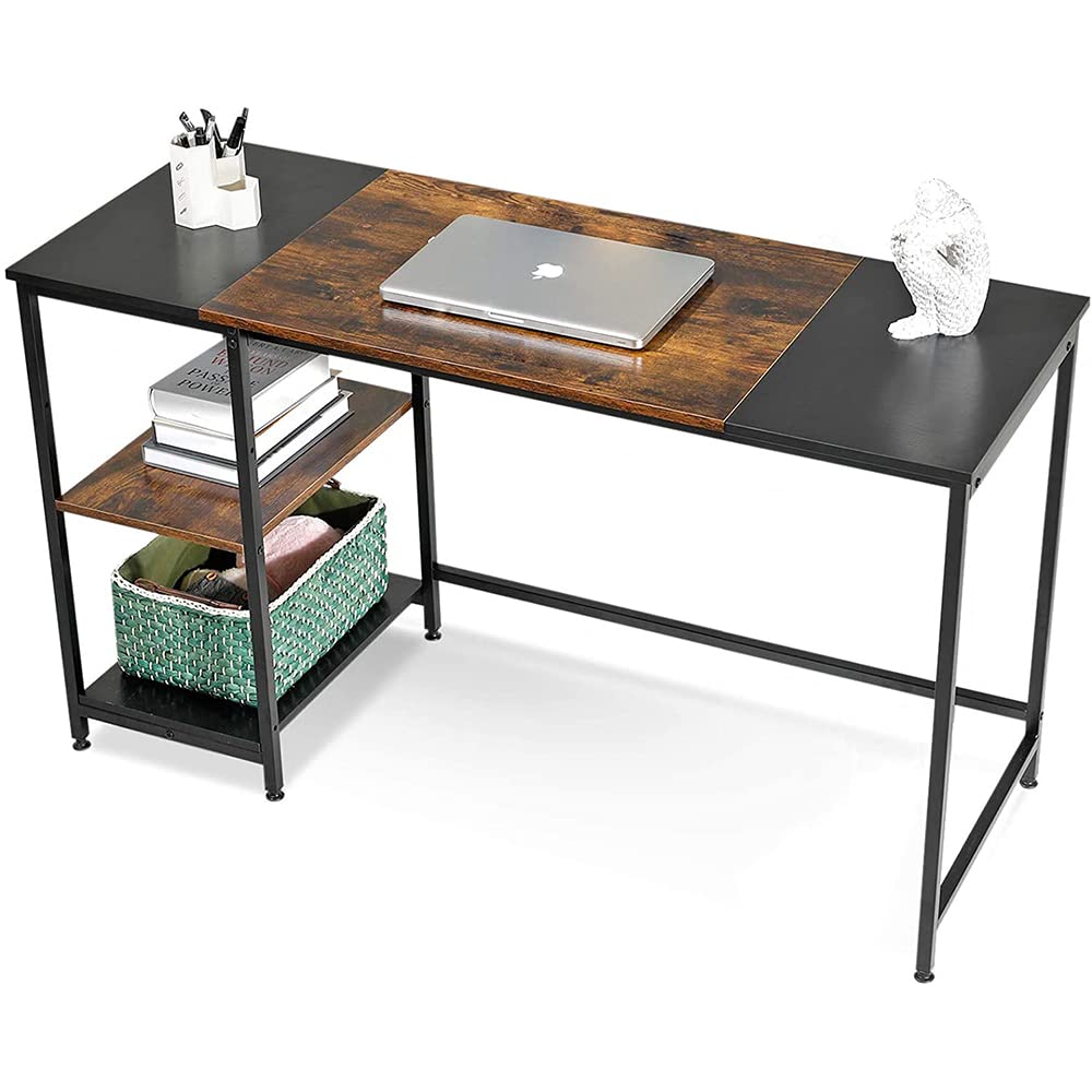 Homesbrand Computer Desk, Home Office Desk with Storage Shelves, Study Writing Table, Desks & Workstation for Home Working, Wood and Metal, 140x50x75cm