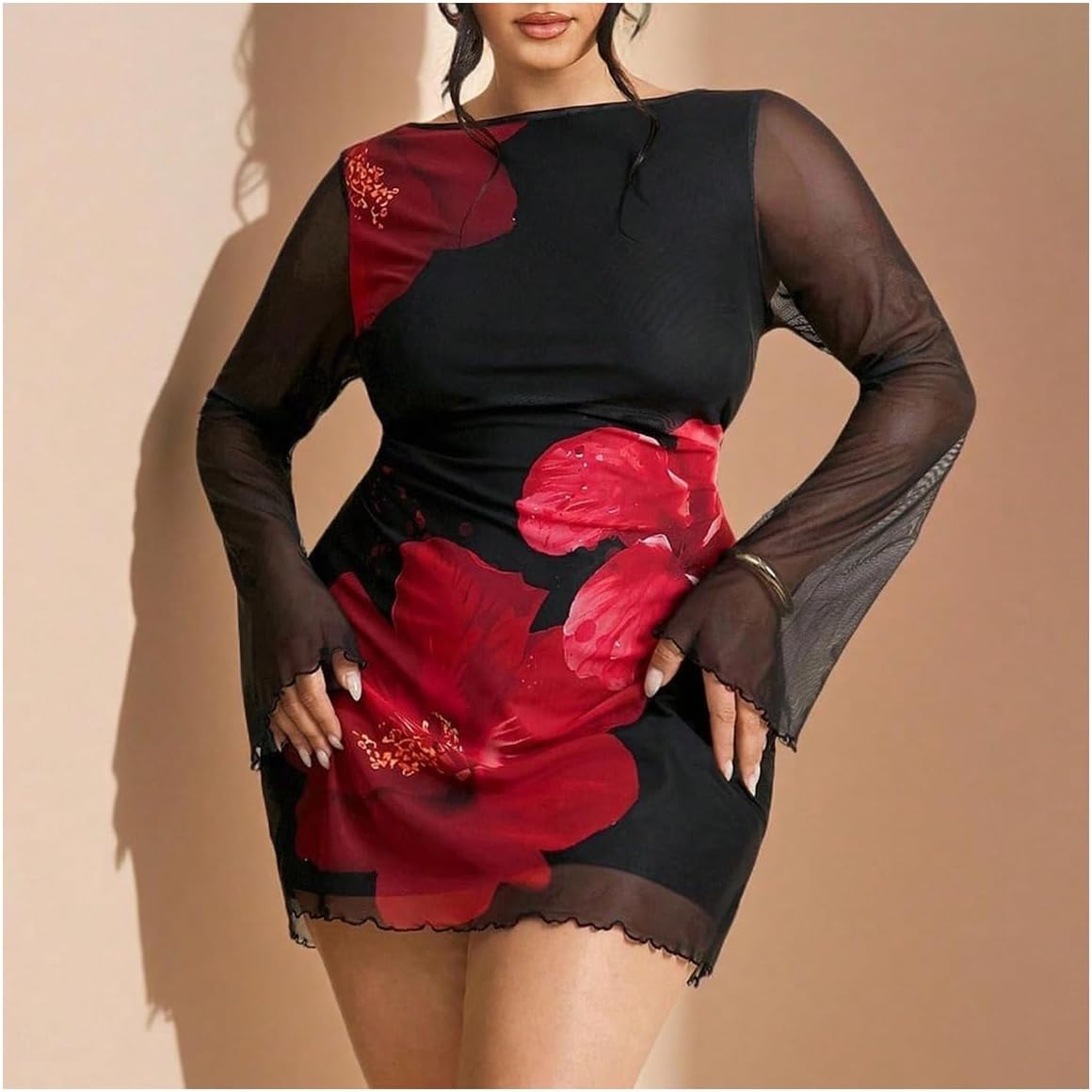 Women's Plus Size Floral Sheer Mesh Mini Dress Long Bell Sleeve Wedding Guest Dresses Going Out Dresses - Image 5