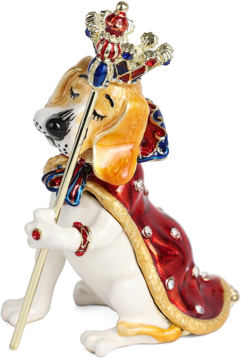 Royal Dog Trinket Box with Crown and Scepter Decorative Enamel Animal Statue Jewelry Storage Box for Dressing Table Decoration Unique Gift