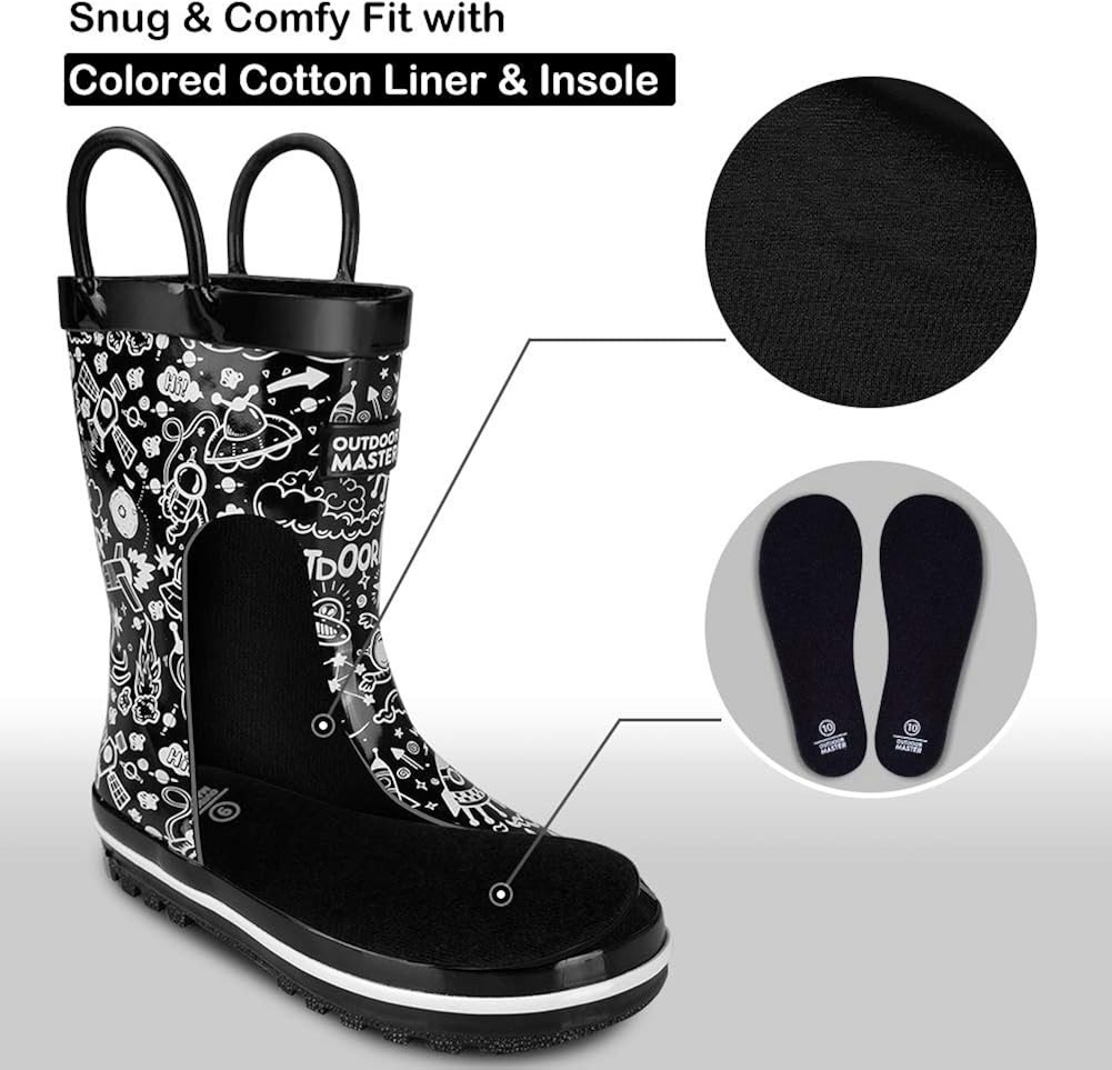 OutdoorMaster Kids Toddler Rain Boots BPA-free Easy Pull-On Handle for Boy Girl