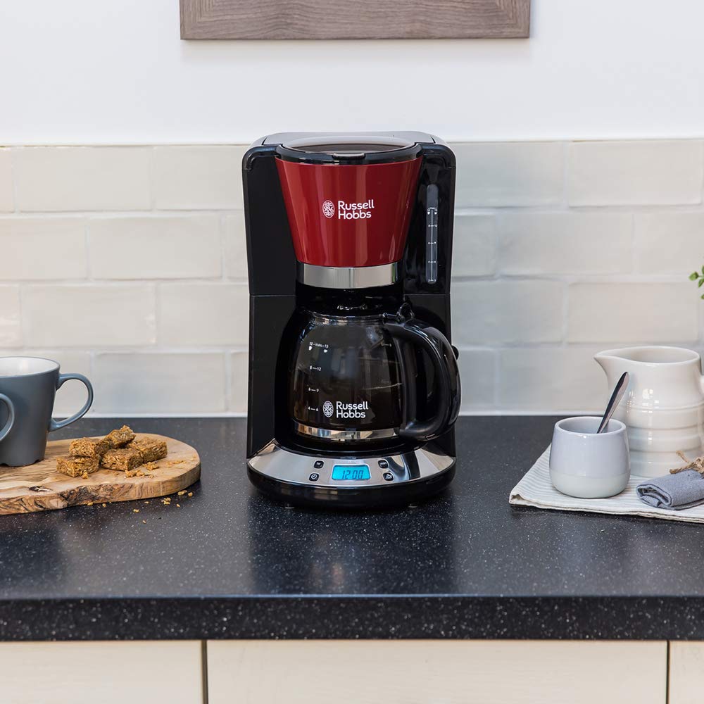 Russell Hobbs Cafetière filtre [Programmable, Technologie WhirlTech pour extraction & arôme optimaux] Rouge (10 tasses, verseuse en verre 1,25L, Maintien au chaud, 1100W) Machine à café 24031-56