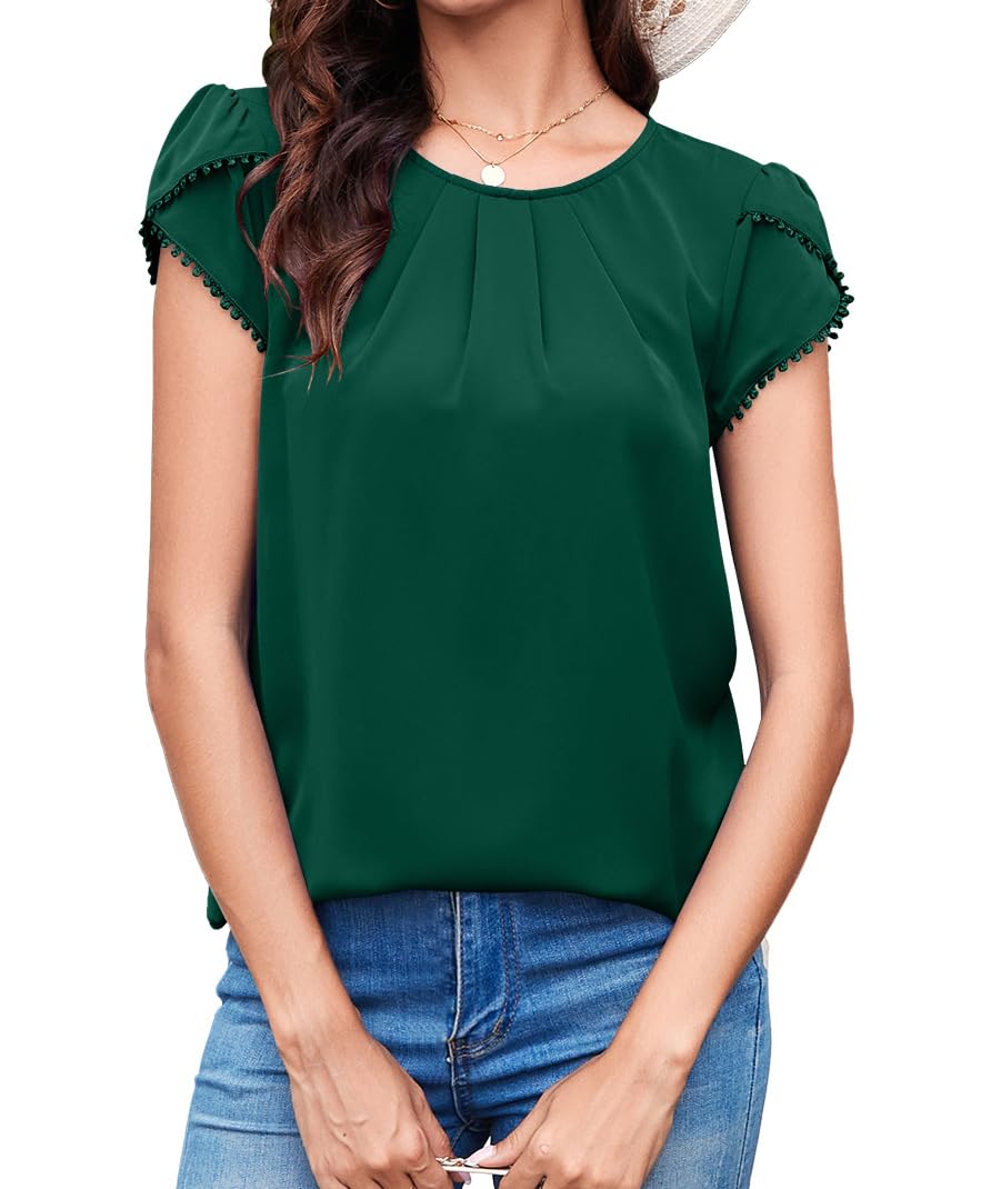 TASAMO Woman Shirts Basic Chiffon Round Neck Keyhole Back Pleated Casual Cap Sleeves Tee