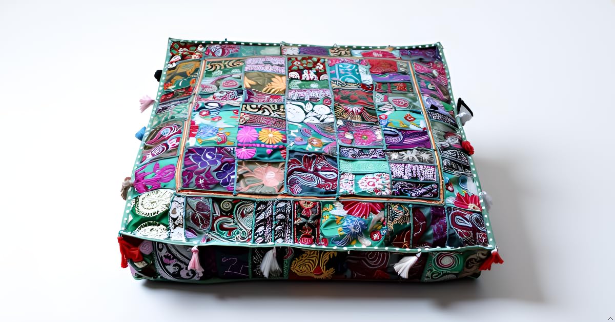 CRAFT KALA Indian Square Patchwork Traditional Pouf Cover Indian Living Room Poufs Decorative Embroidered Designer Ottoman Home Footstool Chair Cover