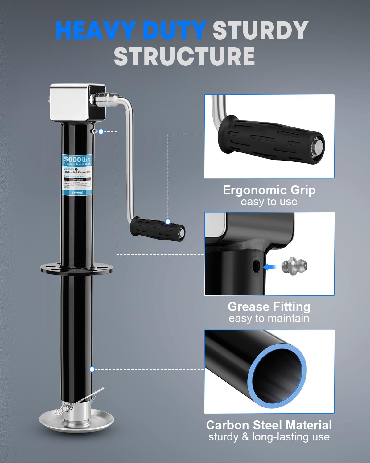 Kohree 5000 lbs A-Frame Trailer Jack, 20-24V Cordless Drill Compatible, Adjustable RV Tongue Jack with Drop Leg & Drill Socket for Utility Yacht Camping Trailer, 25" Vertical Travel - 5