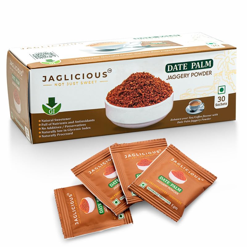 Jaglicious Date Palm Jaggery Powder Sachets – 5g x 30 | Pure Khajur Gur with No Added Sugar | Naturally Milder Sweetness, Chemical-Free, Pack of 1