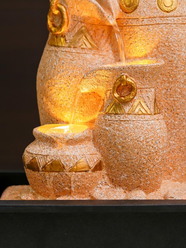 Image of Polyresin Sand & Golden Designer Table Top Jug Style Indoor 3 Steps Home Decor Water Fountain with Yellow LED Light & Water Flow Controller Pump (Size: 40 x 29.5 x 22CM | Weight: 2095grm)