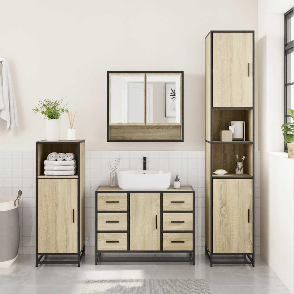 Set di 4 mobili da bagno in rovere Sonoma in legno con struttura in